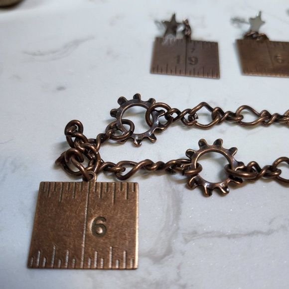 Handmade steampunk ruler earrings bracelet set - Picture 3 of 5